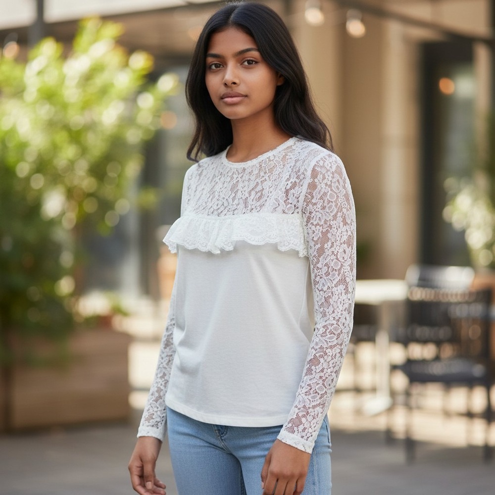 POL NWOT SZ SM White Lace Trimmed Sheer Sleeve Mock Neck Blouse Top